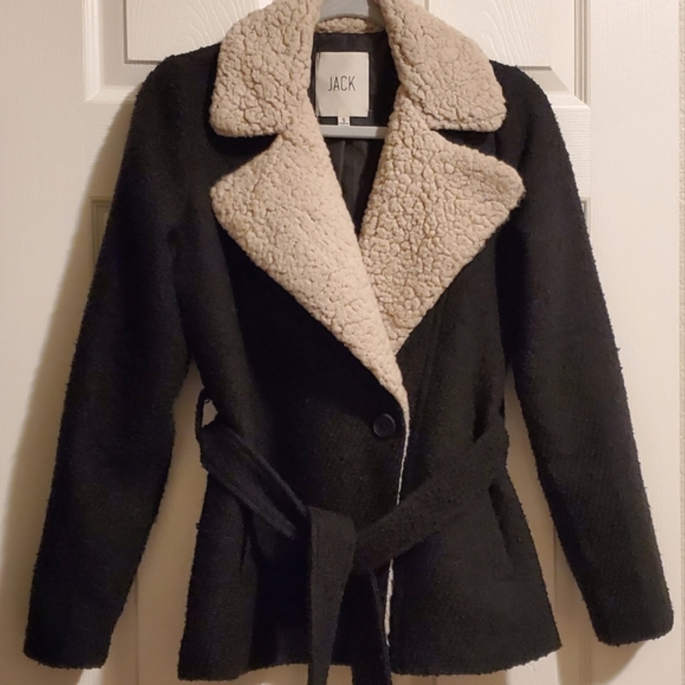 JACK Wool Blend Boucle+ Sherpa Trim Cardigan Jacket, Black/Cream Small Like New